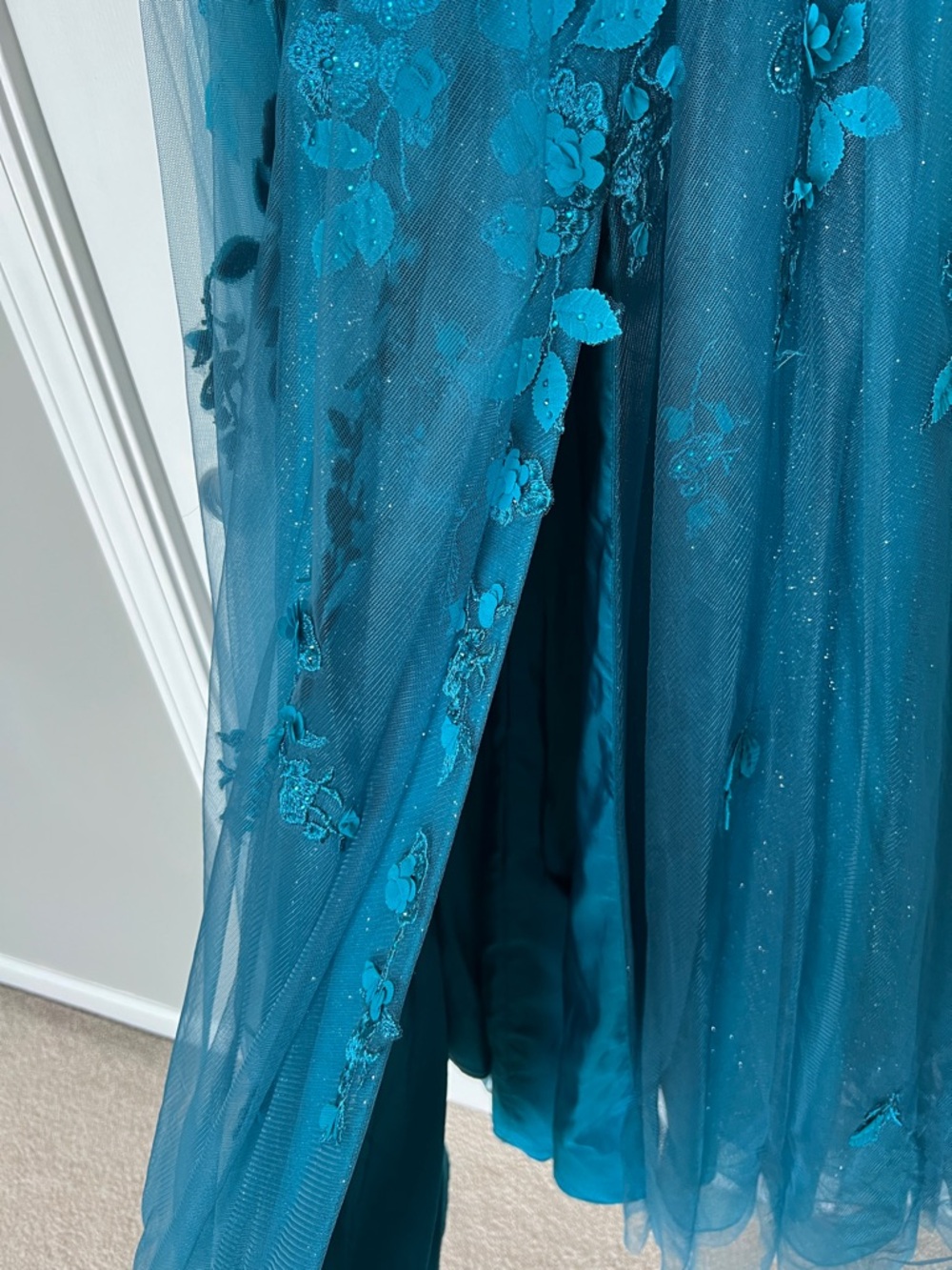 Teal Floral Embellished Tulle Gown good for Prom or Formals. Only worn once - Picture 3 of 12